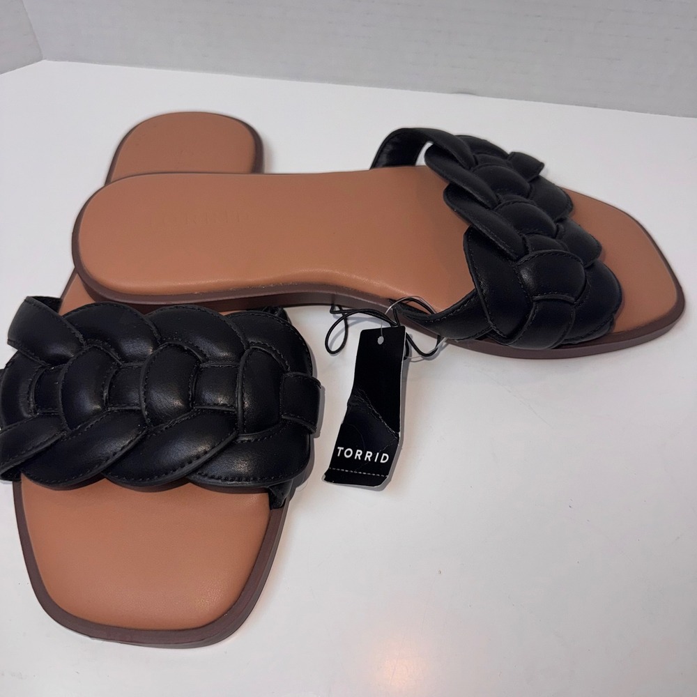 Torrid Braided Slide Sandals Women 7 Black Wide Width Square Toe Flat Beach